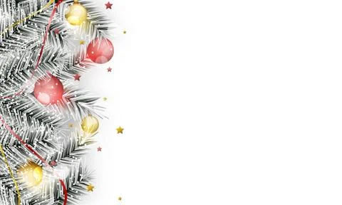 Winter vector banner with branches, christmas balls, snowfall, stars and ribb Stock Illustration