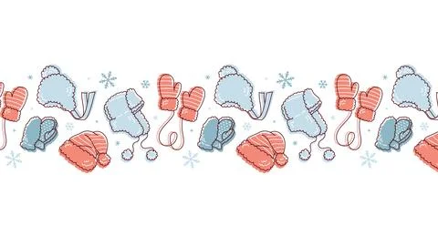 Winter vector border for cards. Winter accessories hat mittens snowflakes. 스톡 일러스트