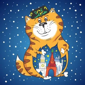 Winter Vector Cat with City Inside Stock Illustration