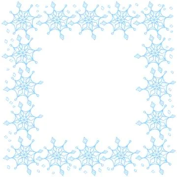 Winter vector frame of blue snowflakes. Hand drawn border, isolated. Backgrou Stock Illustration