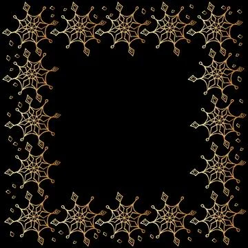 Winter vector frame of gold snowflakes. Hand drawn Holiday border, backdrop,  Stock Illustration