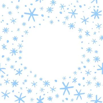 Winter vector frame of simple primitive blue snowflakes. Background, border,  Stock Illustration