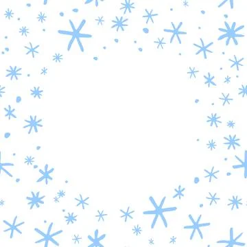 Winter vector frame of simple primitive blue snowflakes. Background, border,  Stock Illustration
