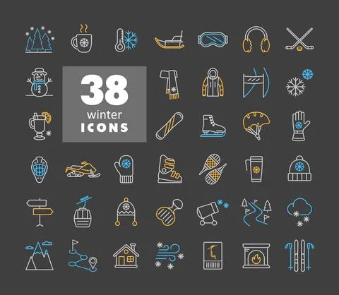 Winter vector icon set on dark background. Wintertime Stock Illustration