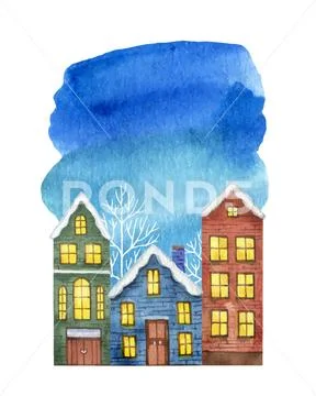 Winter vector illustration with houses isolated on white background. Stock Illustrationen