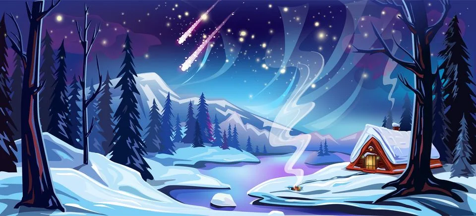 Winter vector landscape with a house in the forest Stock Illustration