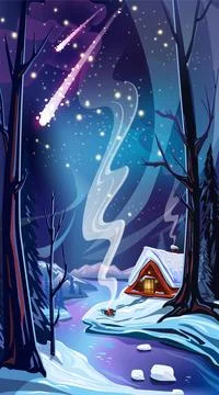 Winter vector landscape with a house in the forest Stock Illustration