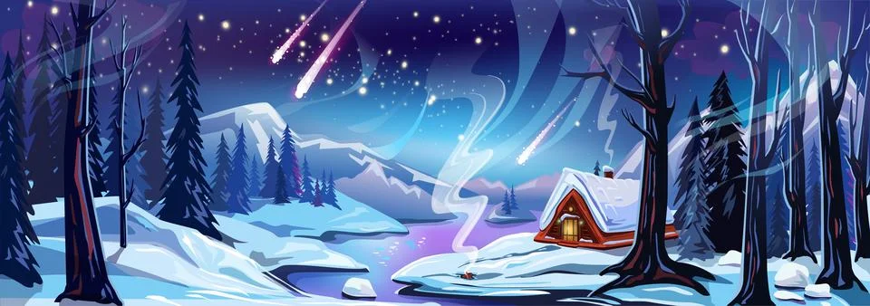 Winter vector landscape with a house in the forest Stock Illustration