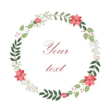 Winter vector round frame with plants and flowers. Floral wreath Stock Illustration
