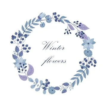 Winter vector round frame with plants and flowers. Floral wreath Stock Illustration