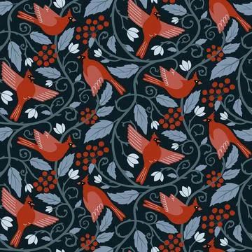 Winter vector seamless pattern with Northern cardinal birds, red berries, floral Stock Illustration