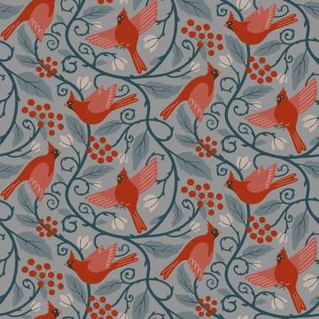 Winter vector seamless pattern with Northern cardinal birds, leaves and branches Stock Illustration
