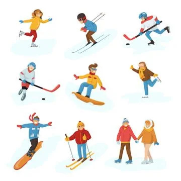 Winter vector sport activity people games cartoon boys and girls fun cold Stock Illustration