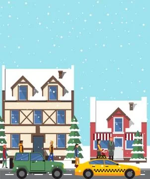 Winter View, Buildings Poster Vector Illustration Ilustración de archivo