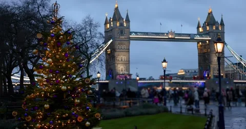 Winter view of a Christmas Tree in front of the Tower Bridge of London Stock-Footage 261038360