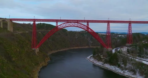 Winter view from drone of Garabit Viaduct, railway arch bridge in France 스톡 동영상 264980976