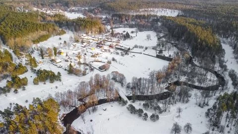 Winter view of Lithuania from above with the Ūla-Pelesa River 스톡 사진