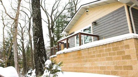 Winter view by the log cabin in mountain area. Stock Footage 103954764