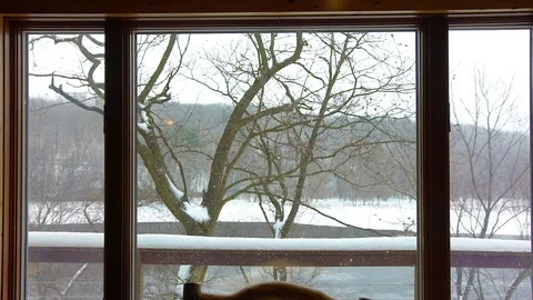 Winter view from the log cabin window, by the river Stock Footage 103954867