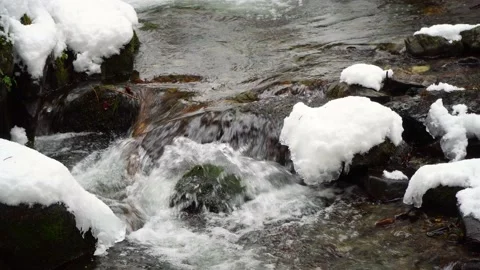 Winter view of a mountain stream with stones covered with moss and snow Stock Footage 150019077
