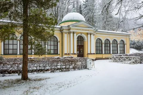 Winter view of the Neo-Classical forest spring pavilion in spa city Stock Photos