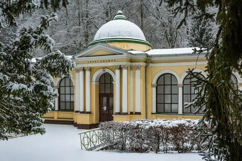 Winter view of the Neo-Classical forest spring pavilion in a spa city Stock Photos
