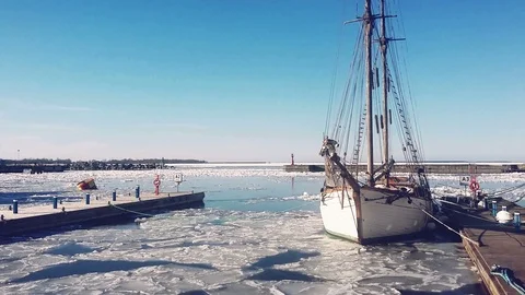 Winter view with pleasure boat. Stock Footage 89625423