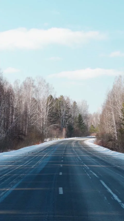Winter view of the road, along the side of which there is a dense forest. Stock Footage 317942994