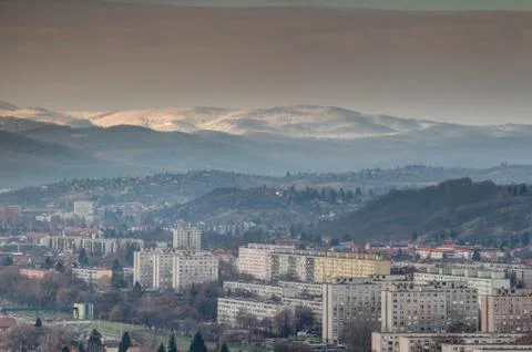 Winter view of rows of socialist tower blocks Miskolc Hungary Stock Photos