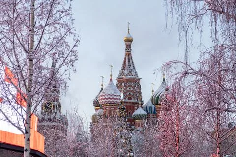 Winter View of Saint Basils Cathedral Surrounded by Snowy Trees in Moscow Stock Photos
