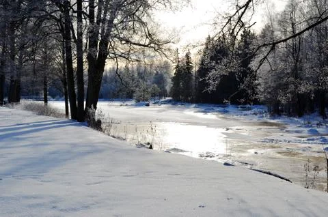 Winter view at small river Stock Photos