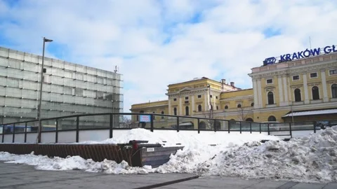Winter view of square in front of old railway station in Krakow. Stock Footage 149193013