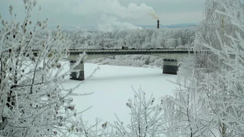 Winter view through the trees on the road bridge over the river Stock Footage 86225967