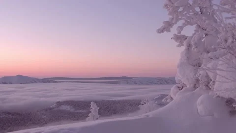Winter view from top of mountain at pink dawn Stock Footage 147603366