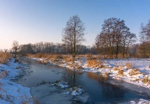 Winter view of the Widawa river Stock Photos