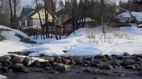 Winter Vilalge With Small River Stock Footage 86608918