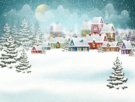 Winter village in the pine forest Stock Illustration
