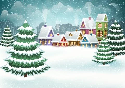 Winter village in the pine forest Stock Illustration