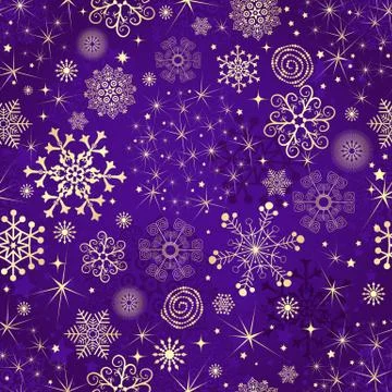 Winter violet seamless pattern with gold snowflakes Stock Illustration