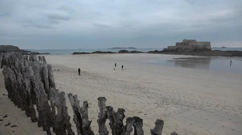 Winter walk on a beach in Normandy Stock Footage 68892774