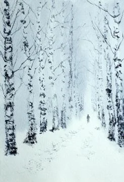 Winter walk in the birch park Stock Illustration