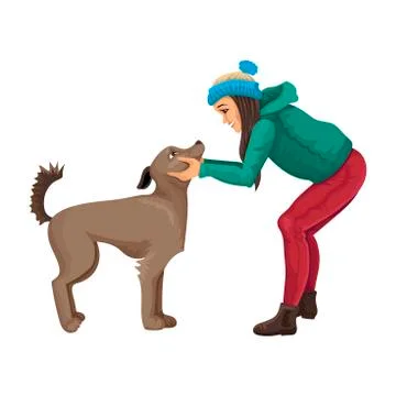 Winter walk with the pet a dog. Vector illustration of an animal and woman s Stock Illustration