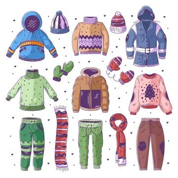 Winter warm clothes hand drawn doodle full color Stock Illustration