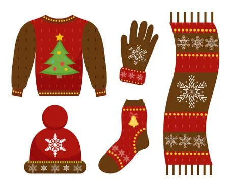 Winter warm clothes icon set, flat style. Christmas clothing,apparel collection Stock Illustration