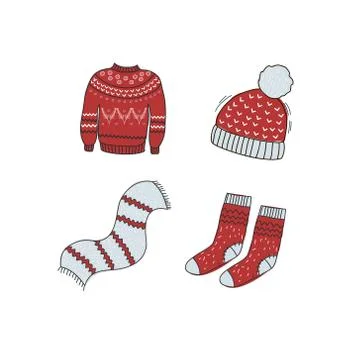 Winter warm clothes. Vector illustration of a red sweater, woolen socks, scar Stock Illustration