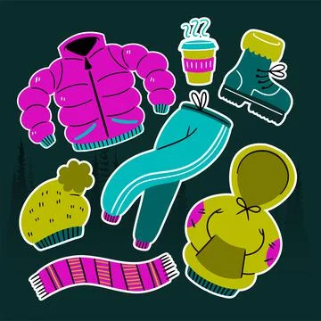 Winter Warm Clothes Vector Illustration Set Illustrazione stock