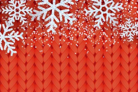 Winter warm red knitted background with realistic white snow and snowflakes. Stock Illustration