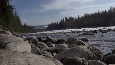 Winter water river with snow and ice covered in forest in sunny day. Blue sky, w Stock Footage 304699621