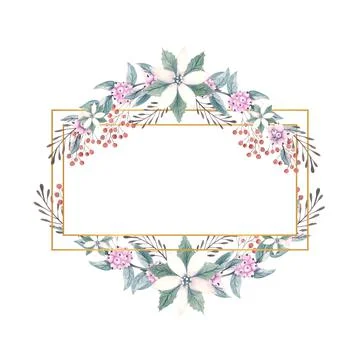 Winter watercolor in a gold rectangular frame with sprigs of snow berries and Stock Illustration