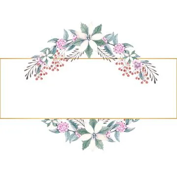 Winter watercolor in a gold rectangular frame with sprigs of snow berries and Stock Illustration